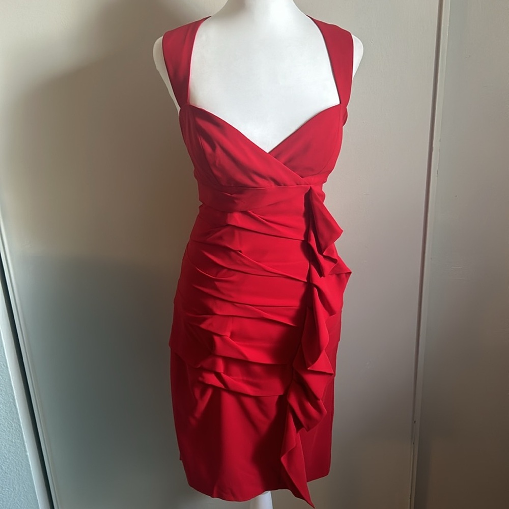New Nicole Miller Red Silk Ruched Pleated Sleeveless Midi Dress Valentine’s Day - Picture 16 of 16